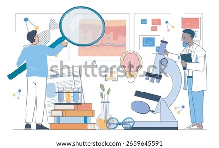 Two scientists studying biological data with microscope, test tubes, and charts in lab setting, flat graphic style, white background. Concept of medical research. Vector illustration