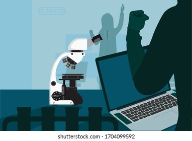 Two scientists are successfully experimenting with a virus disinfectant. With a microscope