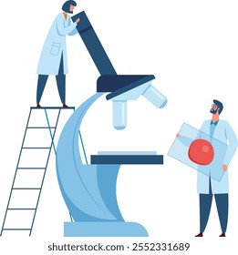 Dois cientistas em casacos brancos estão conduzindo pesquisas, um ajustando um grande microscópio enquanto está em uma escada e o outro segurando uma lâmina de vidro com uma amostra