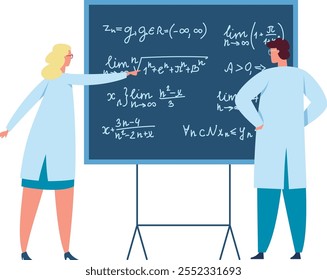 Two scientists, a woman and a man, are studying complex mathematical formulas written on a blackboard, engaging in scientific discussion and analysis