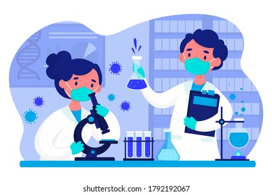 Two scientists working at laboratory create a vaccine against coronavirus, covid19. Man and woman experiment doing chemical experiment. Two lab assistants making scientific research. Vector.