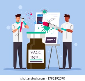 Two scientists working at laboratory create a vaccine against coronavirus, covid19. Two man experiment doing chemical experiment. Two lab assistants making scientific research. Vector.