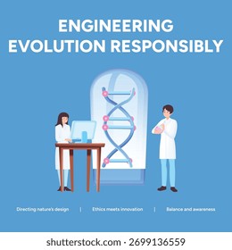 Two scientists are working in a laboratory, engineering evolution responsibly. They are using computer and dna structure model to conduct research and development.