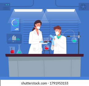 Two scientists working at laboratory. Man and woman experiment doing chemical experiment. Two lab assistants making scientific research. Scientists in white medical coats.Tubes, experiments. Vector.