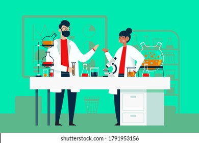 Two scientists working at laboratory. Man and woman experiment doing chemical experiment. Two lab assistants making scientific research. Scientists in white medical coats.Tubes, experiments. Vector.