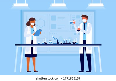 Two scientists working at laboratory. Man and woman experiment doing chemical experiment. Two lab assistants making scientific research. Scientists in white medical coats.Tubes, experiments. Vector.