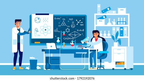 Two scientists working at laboratory. Man and woman experiment doing chemical experiment. Two lab assistants making scientific research. Scientists in white medical coats.Tubes, experiments. Vector.