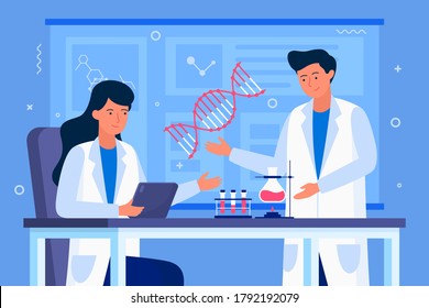 Two scientists working at laboratory. Man and woman experiment doing chemical experiment. Two lab assistants making scientific research. Scientists in white medical coats.Tubes, experiments. Vector.