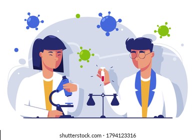 Two scientists working at laboratory. Man and woman experiment doing chemical experiment. Two lab assistants making scientific research. Scientists in white medical coats.Tubes, experiments. Vector.