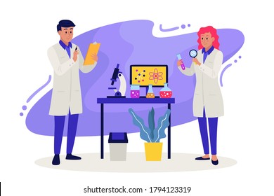 Two scientists working at laboratory. Man and woman experiment doing chemical experiment. Two lab assistants making scientific research. Scientists in white medical coats.Tubes, experiments. Vector.