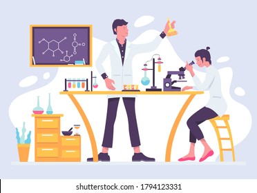 Two scientists working at laboratory. Man and woman experiment doing chemical experiment. Two lab assistants making scientific research. Scientists in white medical coats.Tubes, experiments. Vector.