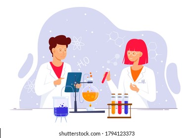 Two scientists working at laboratory. Man and woman experiment doing chemical experiment. Two lab assistants making scientific research. Scientists in white medical coats.Tubes, experiments. Vector.