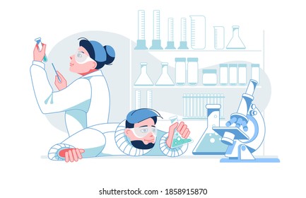 Two scientists working at laboratory. Man and woman experiment doing chemical experiment. Two lab assistants making scientific research. Scientists in white medical coats.Tubes, experiments. Vector.