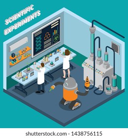 Two scientists working in laboratory with robot and various equipment 3d isometric vector illustration