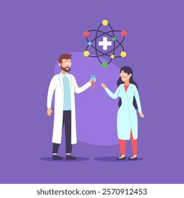 Two scientists working in laboratory vector illustration. Man and woman  in white coats and lab glasses with test tube and atom model. Science, experiment, modern technology in medicine concept