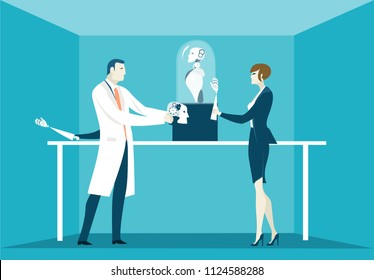 Two scientists working with the robot creation process. 