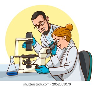 Two scientists working together in a well-equipped laboratory. Male and female professionals collaborate on a scientific experiment. Vector illustration.