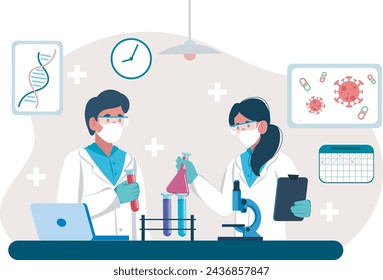 Dos científicos trabajando juntos en un laboratorio bien equipado. Profesionales de ambos sexos colaboran en un experimento científico. Ilustración vectorial.