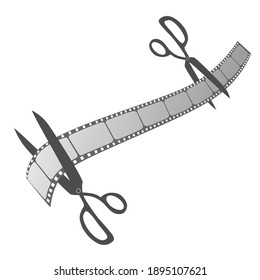 Two scissors cutting the film (black and white vector graphics)