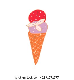 Two scoops ice cream in cone-shaped waffle cup with mint leaves. Colorful vector isolated doodle illustration. Delicious summer dessert. Hand drawn contour clip art