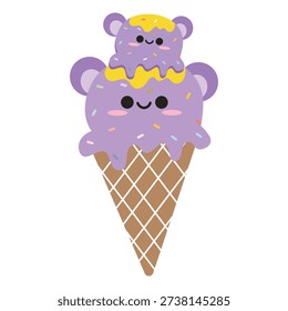 Two Scoops Purple Ice Cream Cone with Bear Faces Flat Vector Illustration