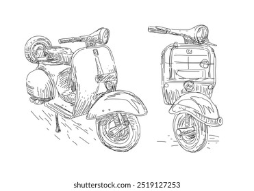 Dois esboço de scooter, desenho ilustração vetor vista frontal.