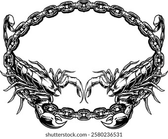 Two scorpion hands with a circular chain behind them, designed in high-resolution vector art. Perfect for logos, t-shirts, and other graphic designs. Bold, detailed, and striking.