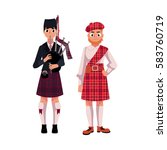 Two Scottish men in national clothes, tartan beret and kilt, cartoon vector illustration isolated on white background. Full length portrait of Scottish men in tartan and kilt, piper playing bagpipe