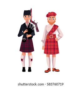 Two Scottish men in national clothes, tartan beret and kilt, cartoon vector illustration isolated on white background. Full length portrait of Scottish men in tartan and kilt, piper playing bagpipe