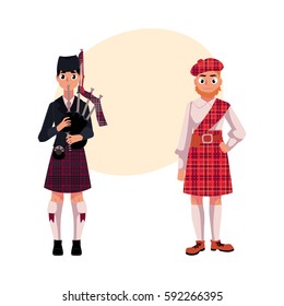 Two Scottish men in national clothes, tartan beret and kilt, cartoon vector illustration with place for text.  