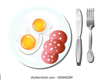 two scrambled aggs with sausage and fork with knife