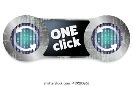 Two scratched metal frames and the words one click