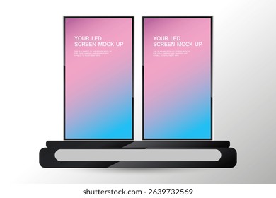 Two screen LED hanging from the top, the doubleTechnology LED screens mock up on white background. Two LED wide screen mock up used in advertising space vector