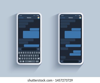 Two Screen Of Social Network Message App In Dark Style Theme, Ui Kit Messanger With Blue Text Bubble And Keyboard On Realistic Mobile White Phone.