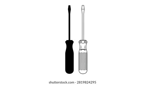 Two screwdrivers flathead and phillips black line art silhouette