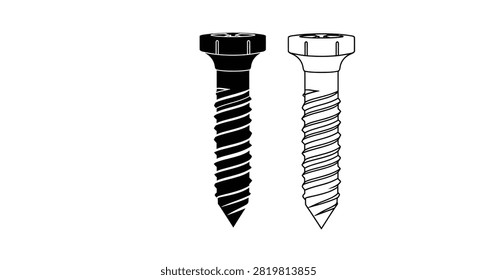 Two Screws With Slotted Heads Black And White Silhouette