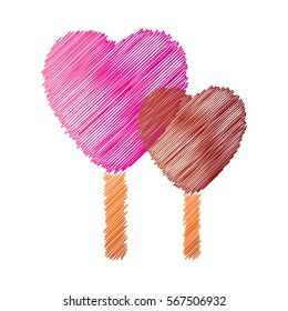 Two Scribble Heart Shaped Ice Creams on White Background. Strawberry and Chocolate Popsicles on Stick. Vector Illustration.