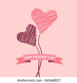 Two scribbled hearts with ribbon and happy valentine's day phrase