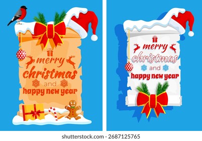 Two scrolls with Merry Christmas and Happy New Year wishes. Festive winter holiday greeting card with seasonal decorations.