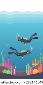 Two Scuba Divers Exploring Underwater Coral Reef Flat Vector Illustration