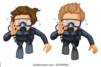 Two scuba divers with hand gesture illustration