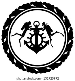 Two scuba divers, the steering wheel and anchor. Black-and-white illustration.