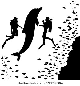 Two scuba divers swim next to the dolphin. Black-and-white illustration.