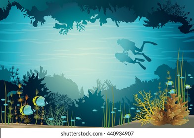 Two scuba divers swimming near the coral reef and sea creatures in the underwater cave. Vector adventure illustration.