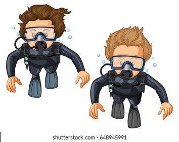 Two scuba divers in wetsuit illustration