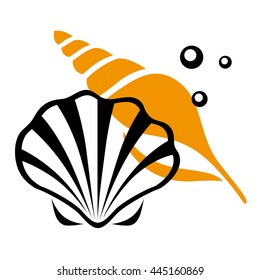 Two sea shells with pearl isolated on a white background. Summer, sea. Vector illustration on the marine theme.