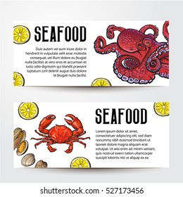 Two seafood restaurant, cafe banner templates with crab and octopus, sketch vector illustration. Seafood horizontal banner design, promotion, special offer, templates with hand drawn crab and octopus