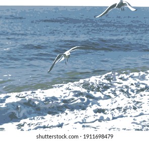 Two seagulls in flight barrage over the waves of the sea
