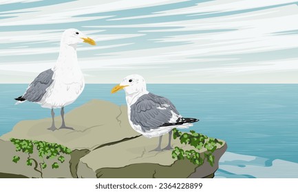 Dos gaviotas están sentadas sobre una gran piedra sobre el mar. Aves marinas salvajes. Paisaje vectorial realista