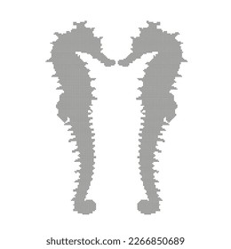 Two Seahorses black silhouette cross stitch patterns icon isolated  white background. Pair simple tropical sea fish embroidery style logo. Aquatic wild animals pixelated design element, vector eps 10